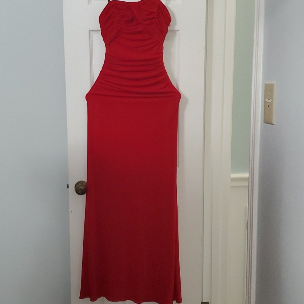 Red strapless maxi dress